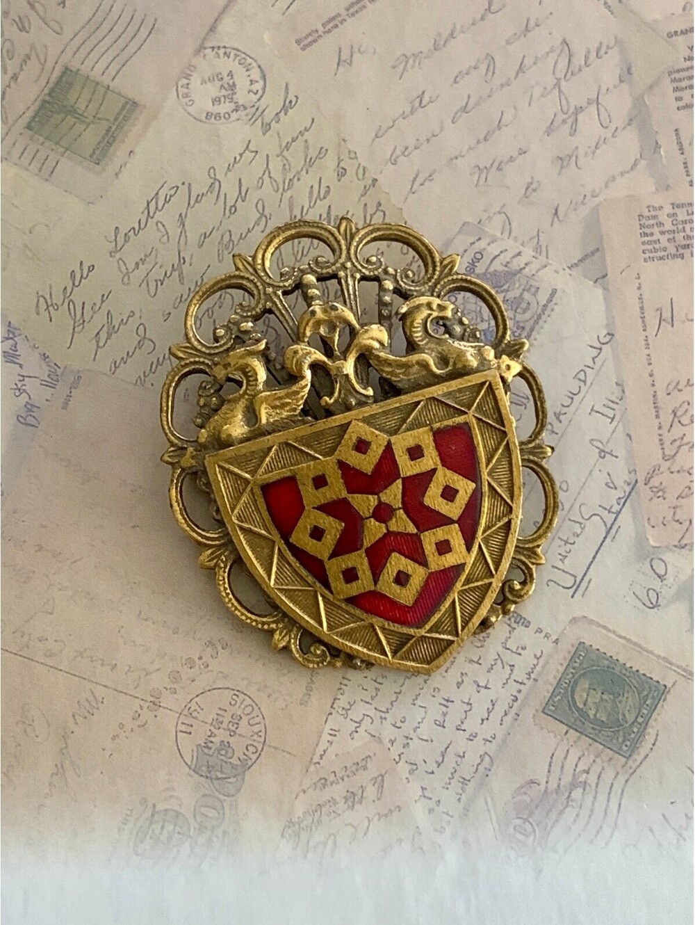 Vintage Medieval Revival Heraldic Crest Enamel Dragon Shield Brooch
